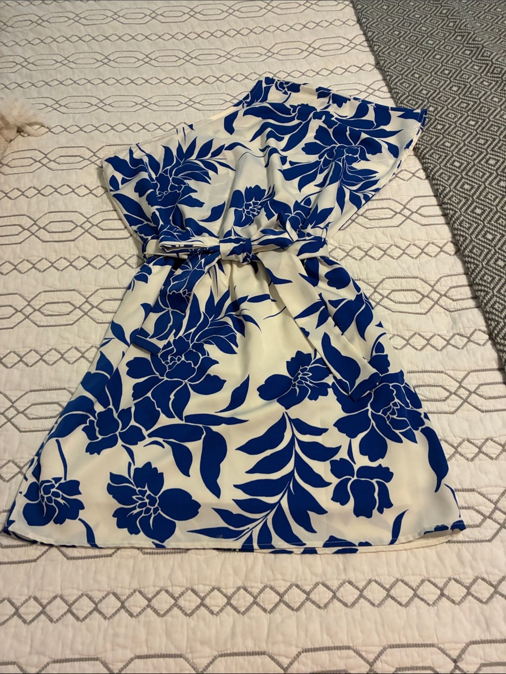 NWOT!!entro Blue Floral One-Shoulder Tie-Waist Dress on Cream